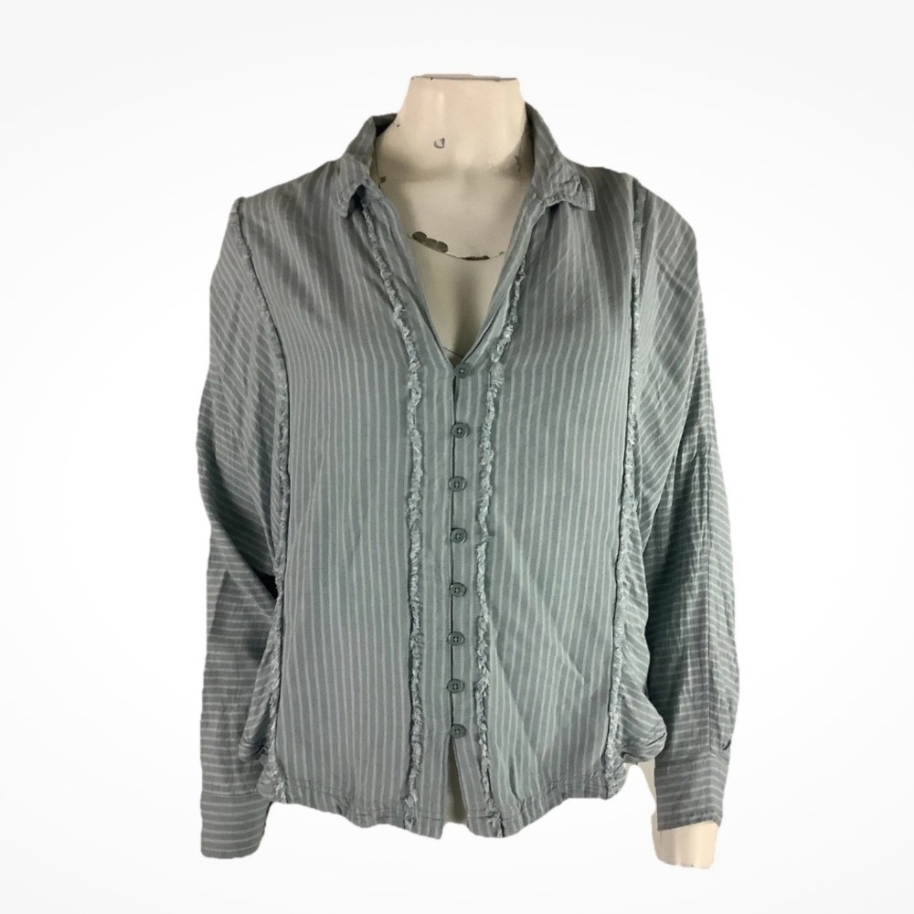 We The Free Sz S Boho Look Fringe Hem Striped Button Tunic Top Green Linen